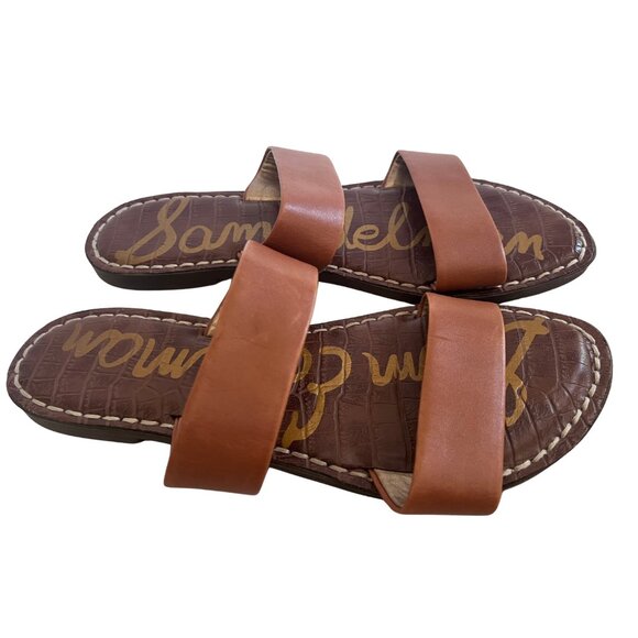Sam Edelman Rich Cognac Leather Flat Slip On Two Piece Slide Sandal Sz 7.5 - Picture 1 of 7